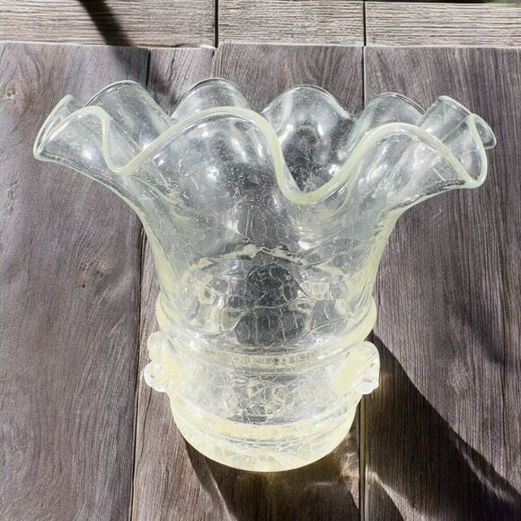 Vintage Clear Crackle Glads Ruffled Top Glass Vase Vessel Hand Blown Vase VTG - Picture 2 of 16